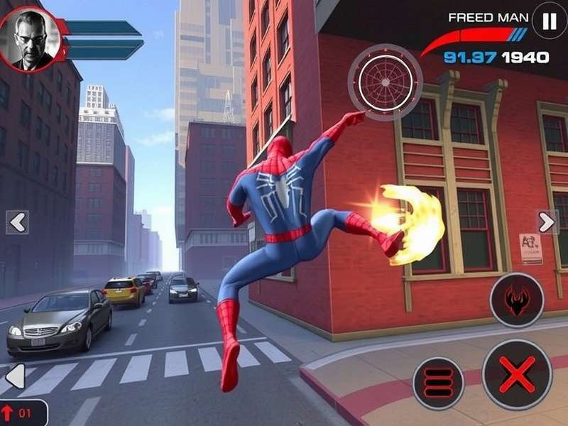 Spider-Man swinging through New York City in a video game