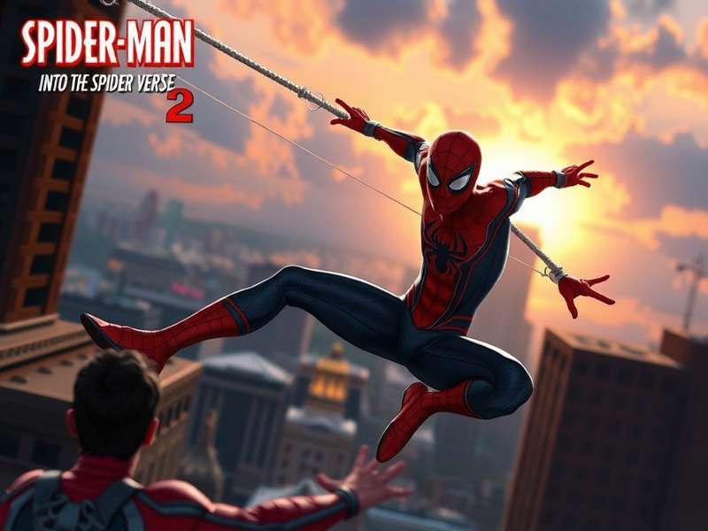 Spider-Man Miles Morales swinging through a vibrant, multicolored cityscape