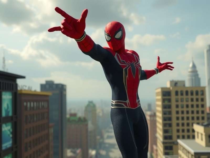 Spider-Man swinging through a city skyline at sunset