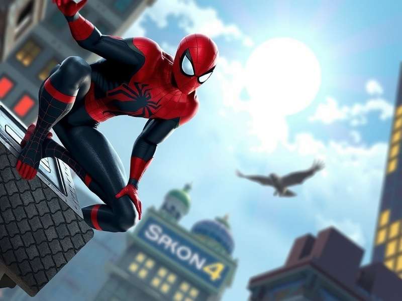 Concept art of Spider-Man swinging through a futuristic New York City skyline
