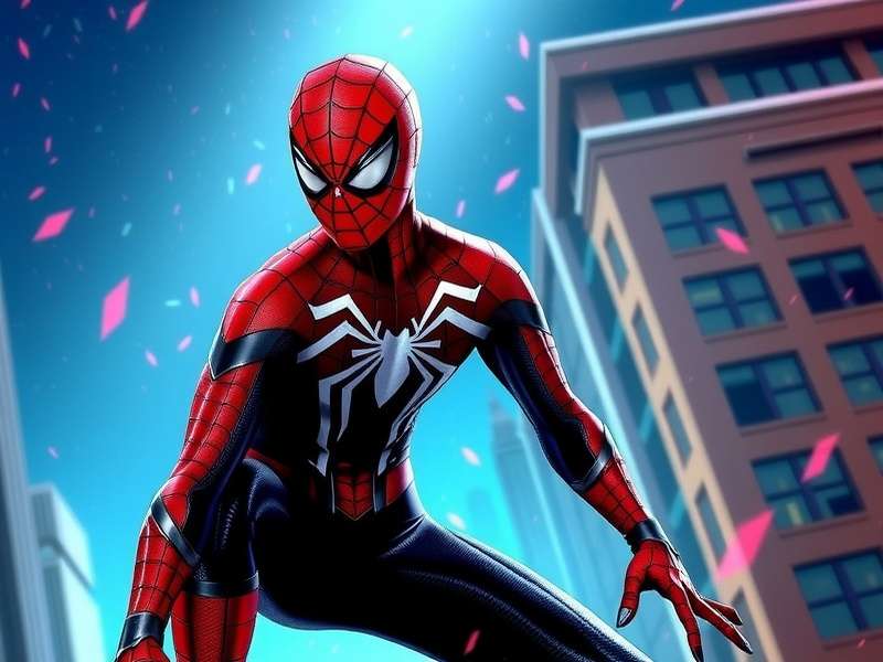 Spider-Gwen swinging through neon-lit Manhattan with holographic textures