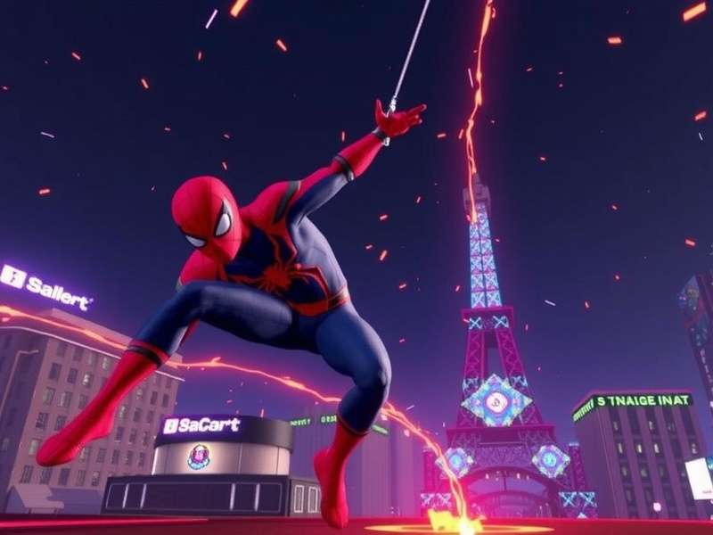 Spider-Man Miles Morales swinging through the Alchemax collider during the final battle