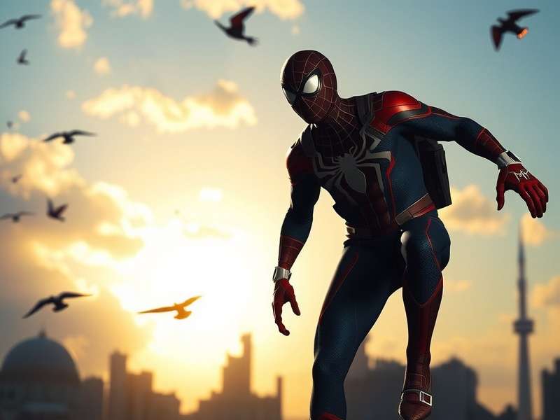 Tom Holland as Spider-Man in the final suit from Spider-Man 3, swinging through New York City