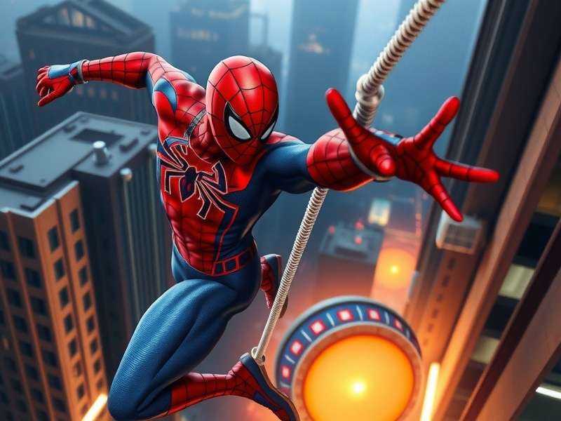 Spider-Man 2 gameplay screenshot showing Spider-Man swinging through a detailed New York City skyline