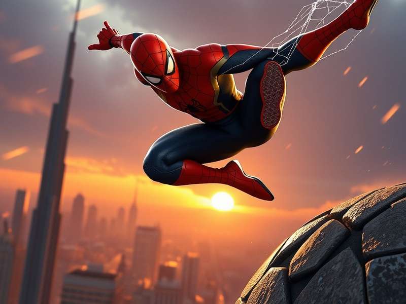 Spider-Man swinging through New York City at sunset