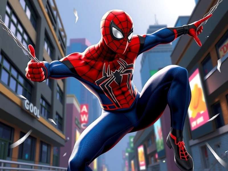 Spider Man Miles Morales swinging through New York City