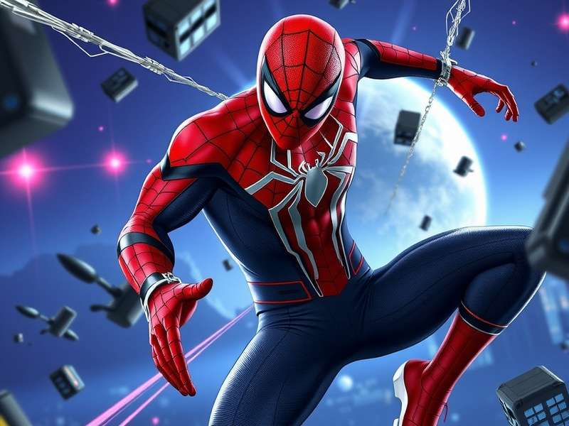 Spider-Gwen swinging through a neon-lit cityscape in 4K