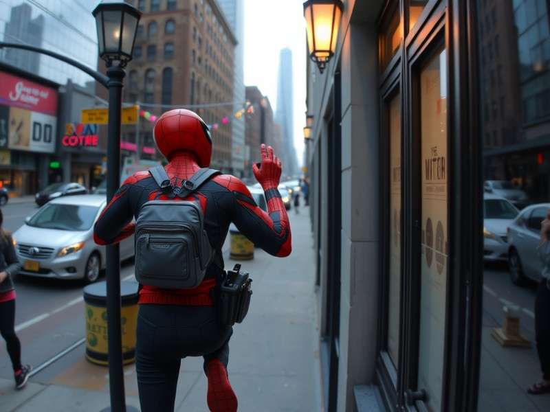 Spider Man swinging through a city in Far From Home