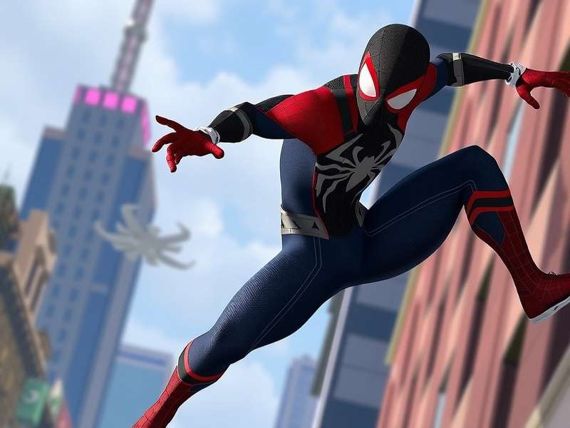Miles Morales in Spider-Verse animated movie swinging through New York City