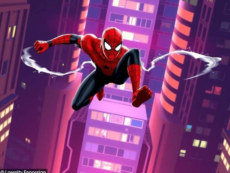 Spider-Man Miles Morales swinging through snowy New York City