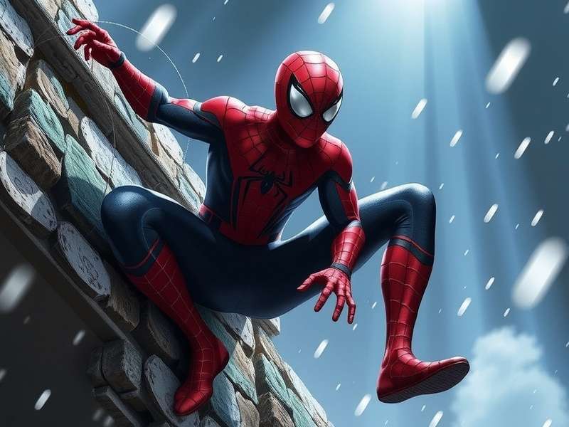 Spider-Man swinging through a city skyline at sunset