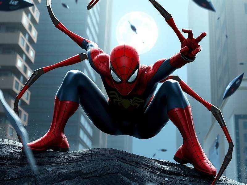 Spider-Man in a dynamic pose against a city skyline, showcasing his iconic red and blue suit