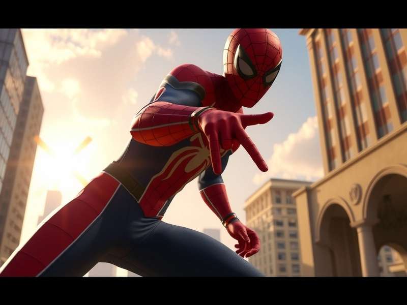 Spider-Man swinging through a detailed cityscape in Brand New Day