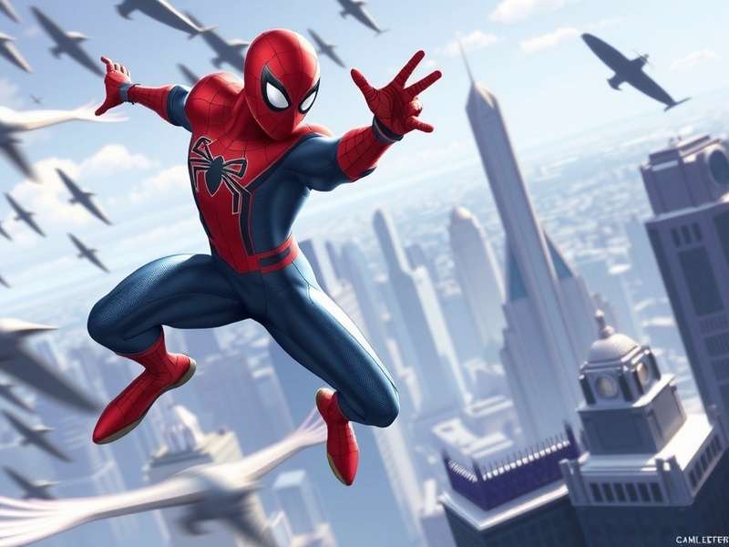 Spider-Man swinging through New York City with Marvel Comics logo overlay