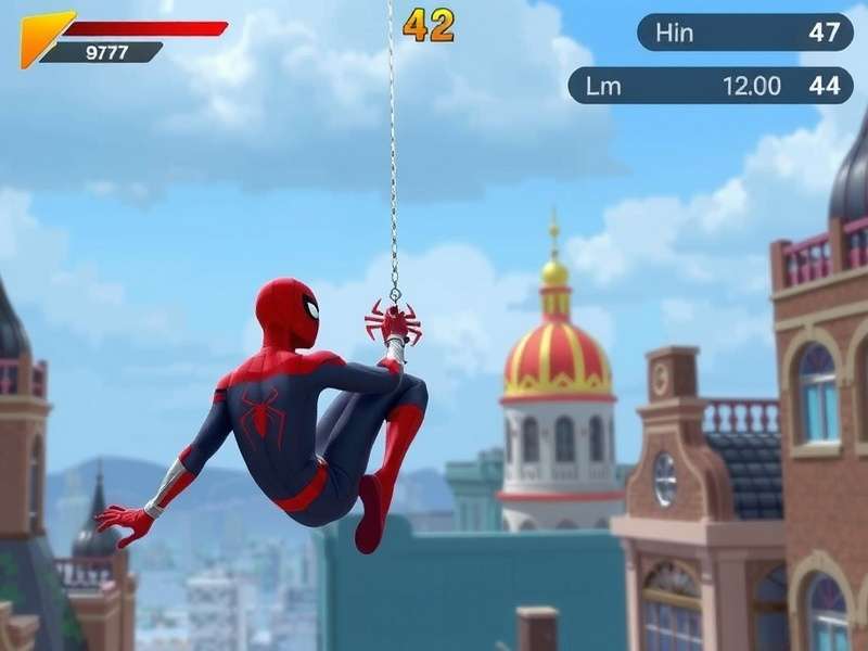 Spider-Man in a custom edited suit swinging through New York City