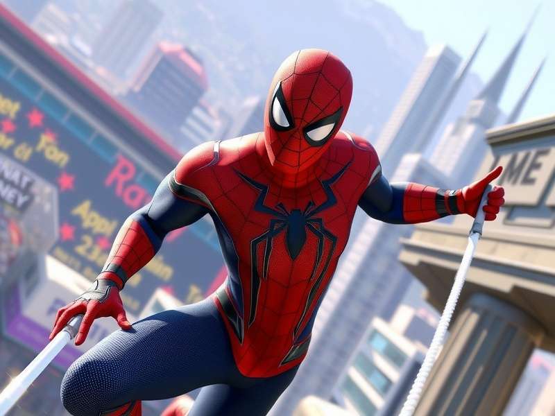 Spider Man swinging through cityscape