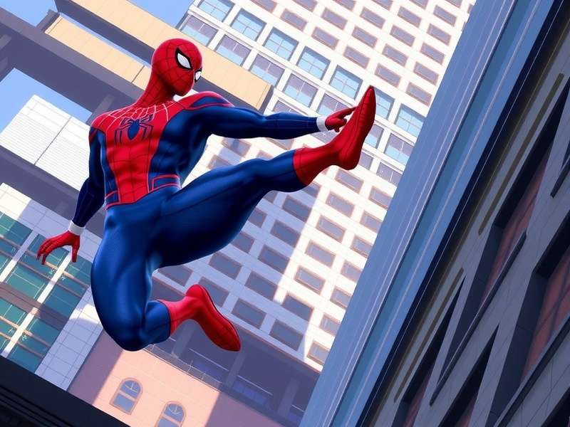 Spider-Man swinging through New York City in his classic red and blue suit during the Brand New Day era