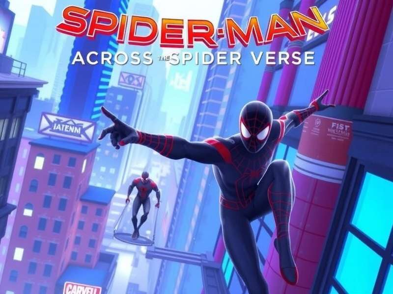 Spider-Man swinging through a vibrant multiversal cityscape