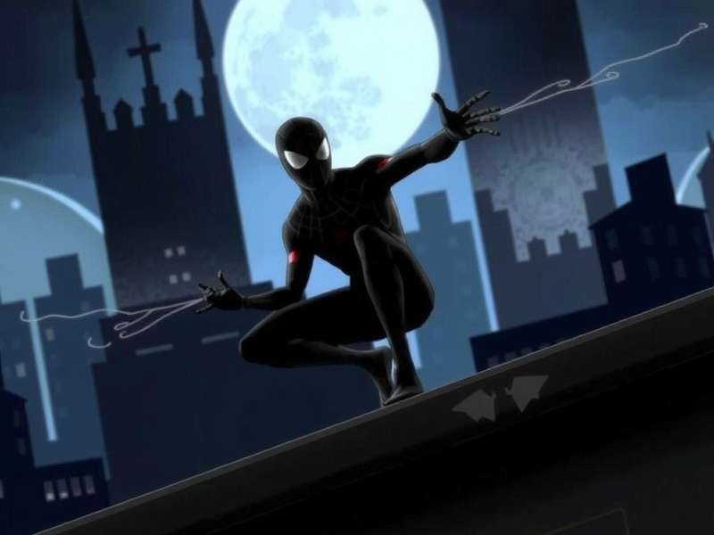 Spider-Man Noir in a dark, rainy 1930s New York City alleyway, silhouette against a street lamp