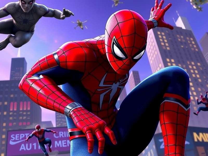 Spider-Man Miles Morales in iconic pose swinging through snowy New York
