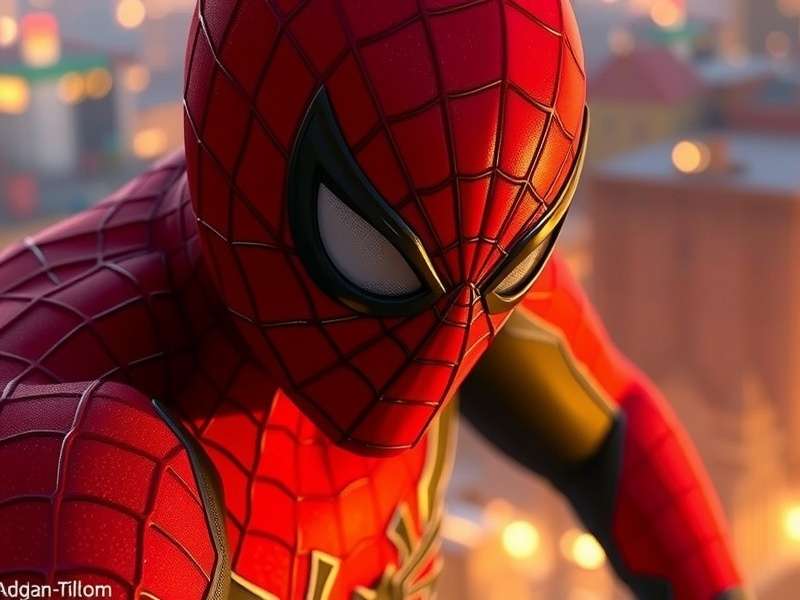 Spider-Man in iconic pose against a city skyline at dusk