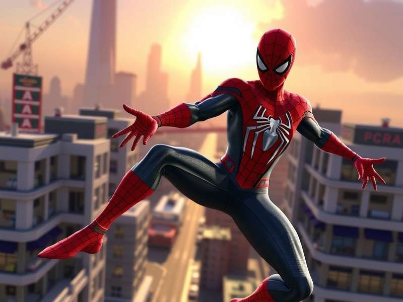 Spider-Man swinging through New York City skyline