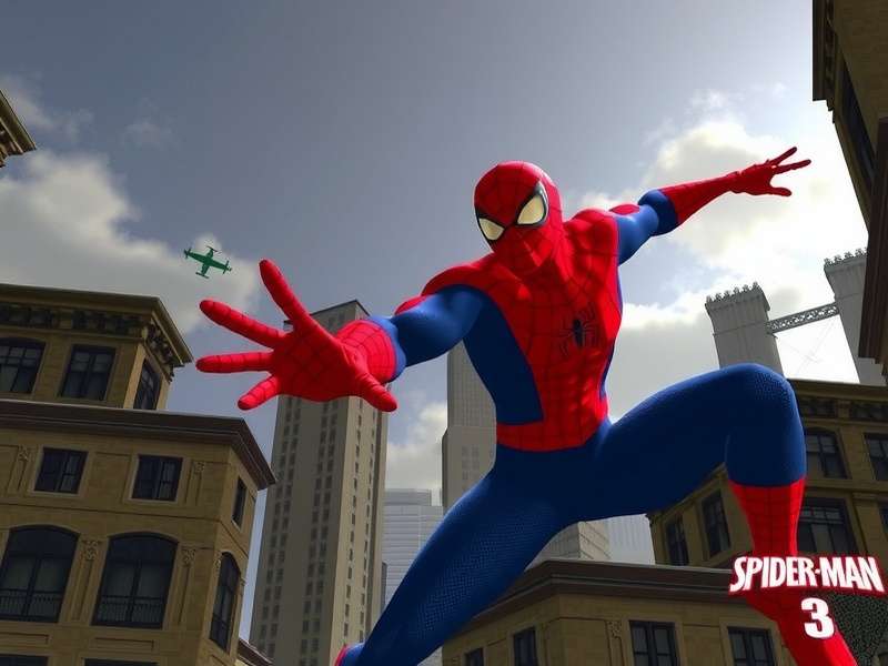 Spider-Man 3 PS2 gameplay showing Spider-Man swinging in New York City