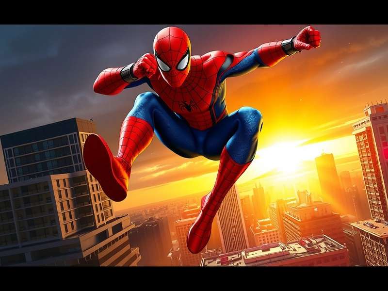 Spider-Man swinging between skyscrapers at sunset, vibrant colors