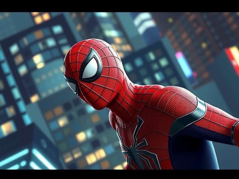 Spider-Man swinging between skyscrapers at sunset