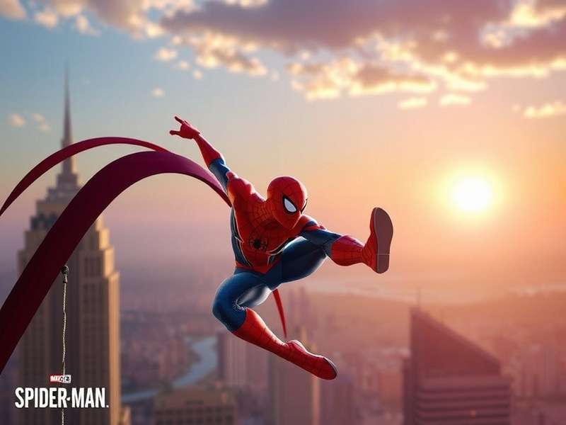 Spider-Man perspective swinging through a city