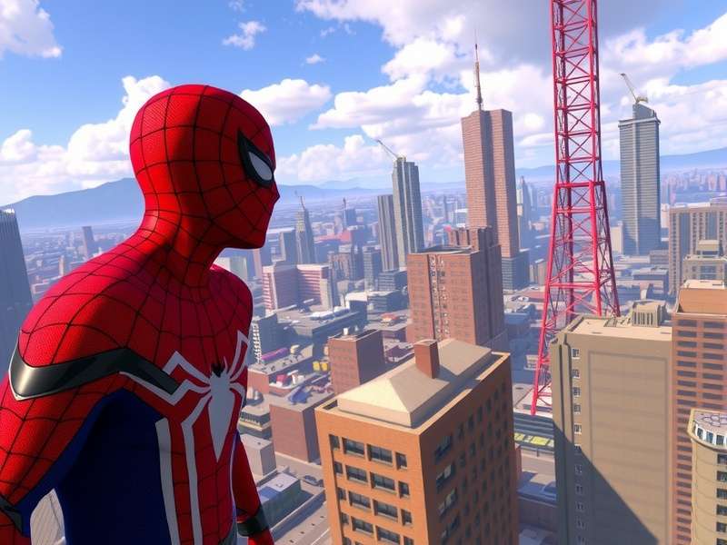 Spider-Man Brand New Day 2026 concept art showing Spider-Man swinging past the Statue of Liberty at sunset