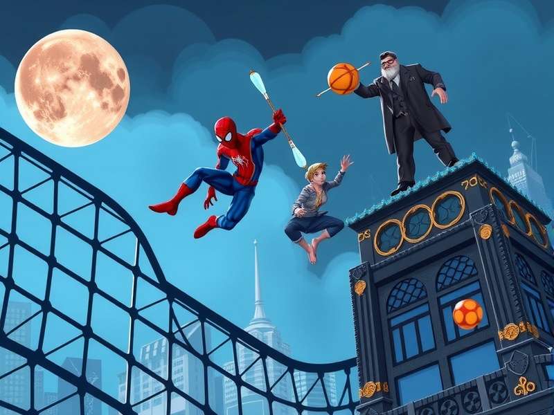 Concept art of Spider-Man in an Indian urban setting, swinging past vibrant buildings