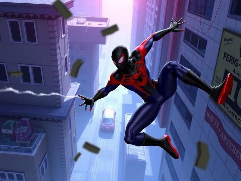 Spider-Man Miles Morales swinging through a snowy New York City at dusk