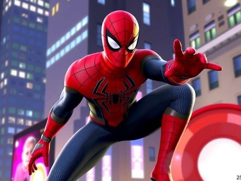 Spider-Man swinging across the New York skyline at sunset — iconic red-and-blue suit