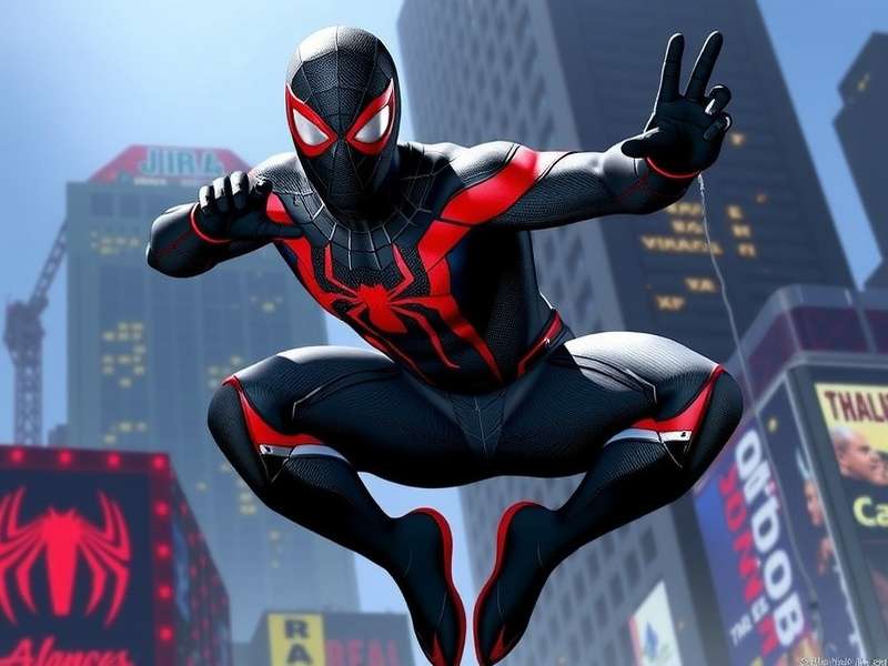 Spider Man Miles Morales standing in front of a graffiti wall wearing his Classic suit, Harlem setting