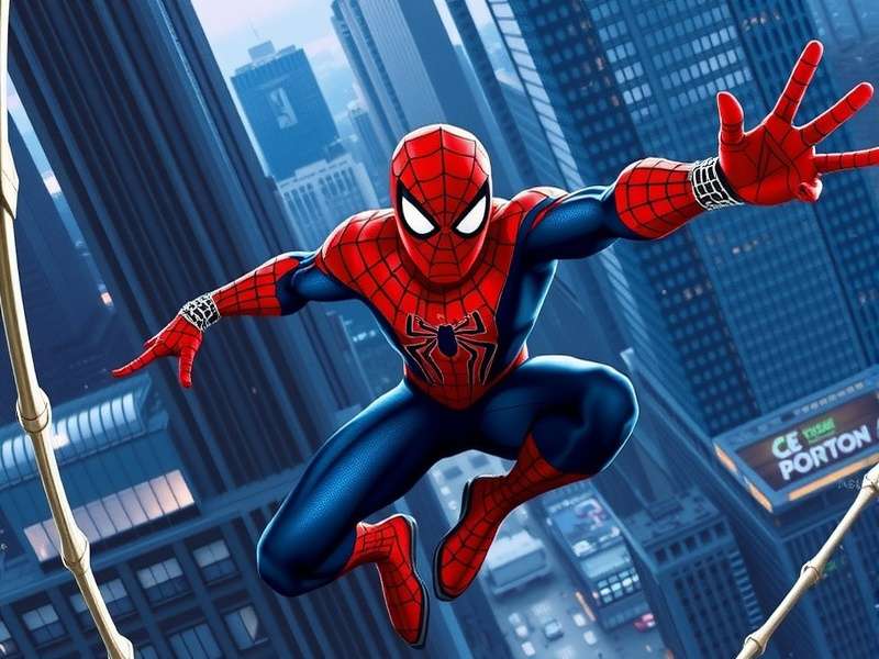 Ultimate Spider Man swinging through New York City skyline at sunset
