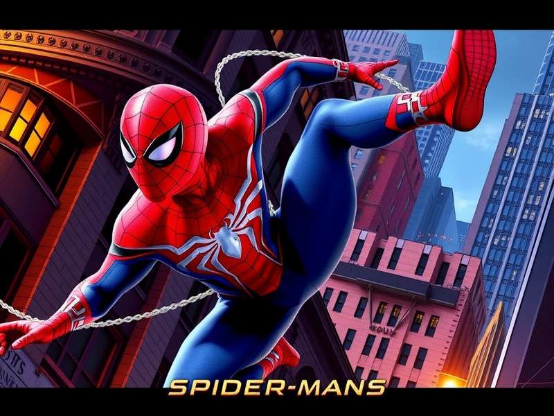 Spider Man Homecoming game poster with web-swinging action in New York City skyline