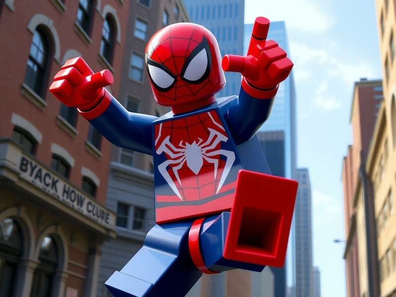 Lego Spider Man exploring a brick-built New York skyline