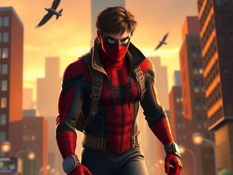 Peter Parker as Spider Man swinging across New York City skyline