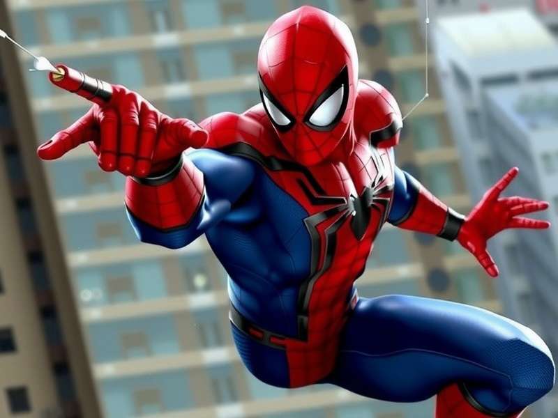 Spiderman video game swinging through New York City skyline with guide overlays