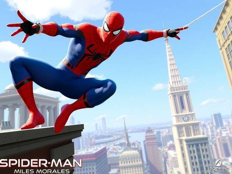Spider Man Miles Morales swinging through New York City at sunset