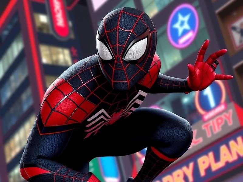 Spider Man Miles Morales swinging through Harlem at night – official game artwork