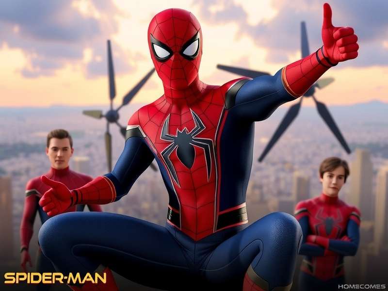 Spider Man Homecoming cast group photo featuring Tom Holland and ensemble